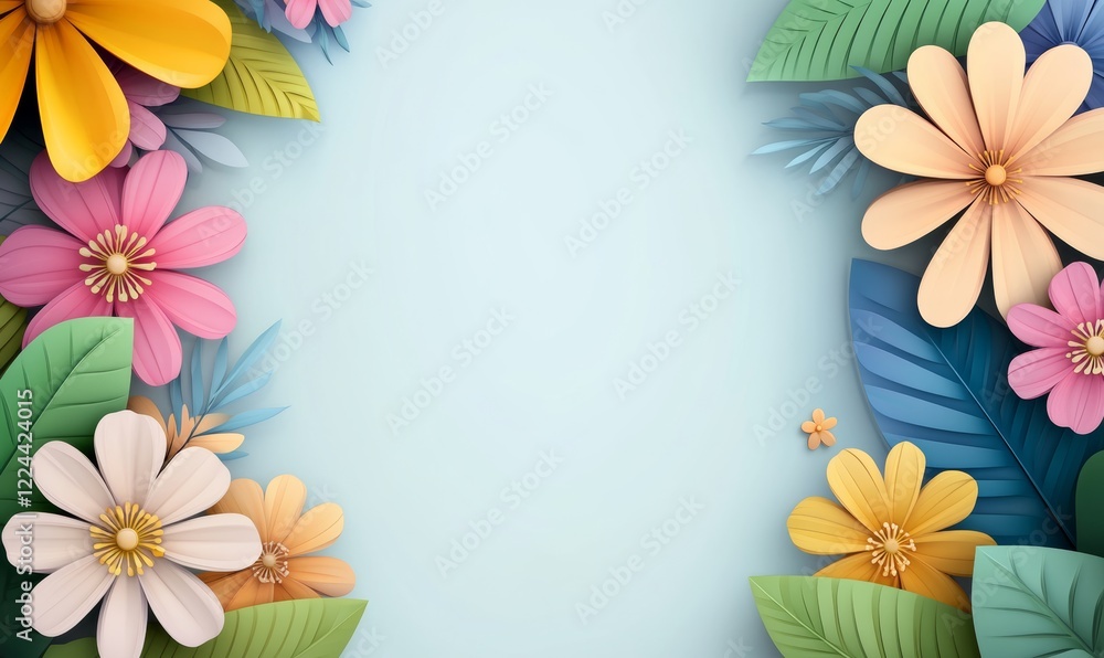 Poster blue background with a colorful border of flowers. the flowers are in various colors and sizes, and 