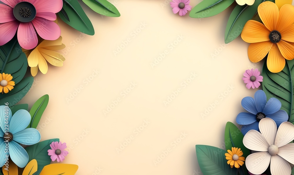 Poster colorful flower border with a white background. the flowers are in various colors and sizes, and the