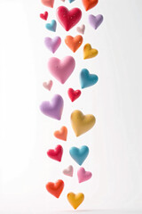 Vibrant Multicolor Heart Shapes on a White Background: A Stunning Realistic Rendering of Individually Colored Hearts in Rainbow Tones, Featuring a Smooth, Glossy, and Aesthetic 3D Digital Design