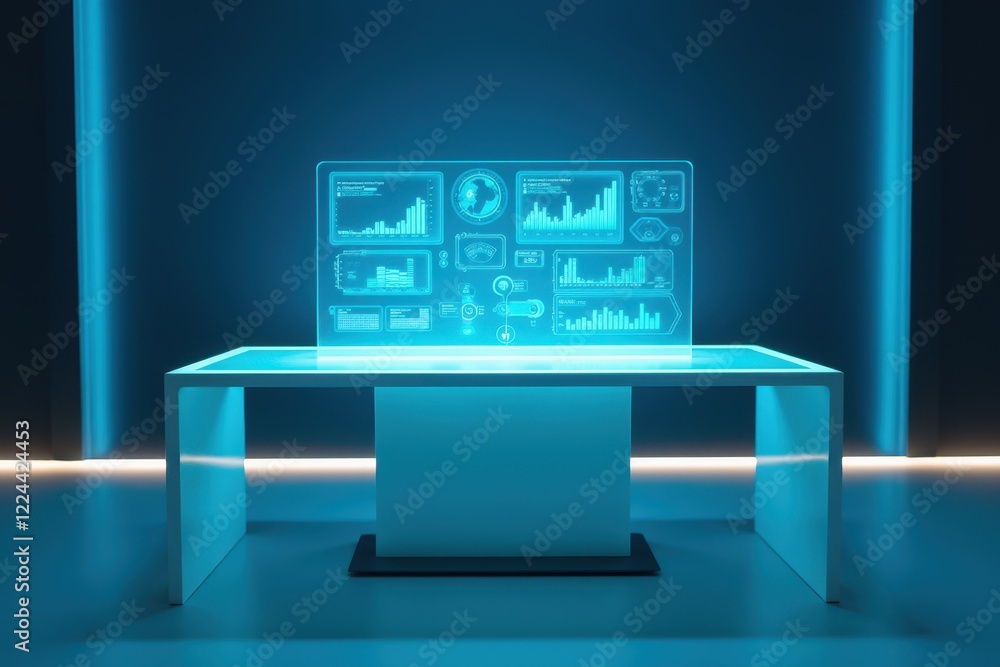 Poster futuristic transparent table with ai management dashboard display