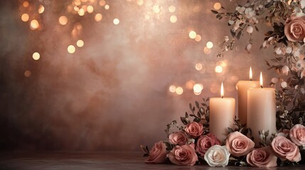 Elegant Candle Arrangement with Soft Lighting and Fresh Roses