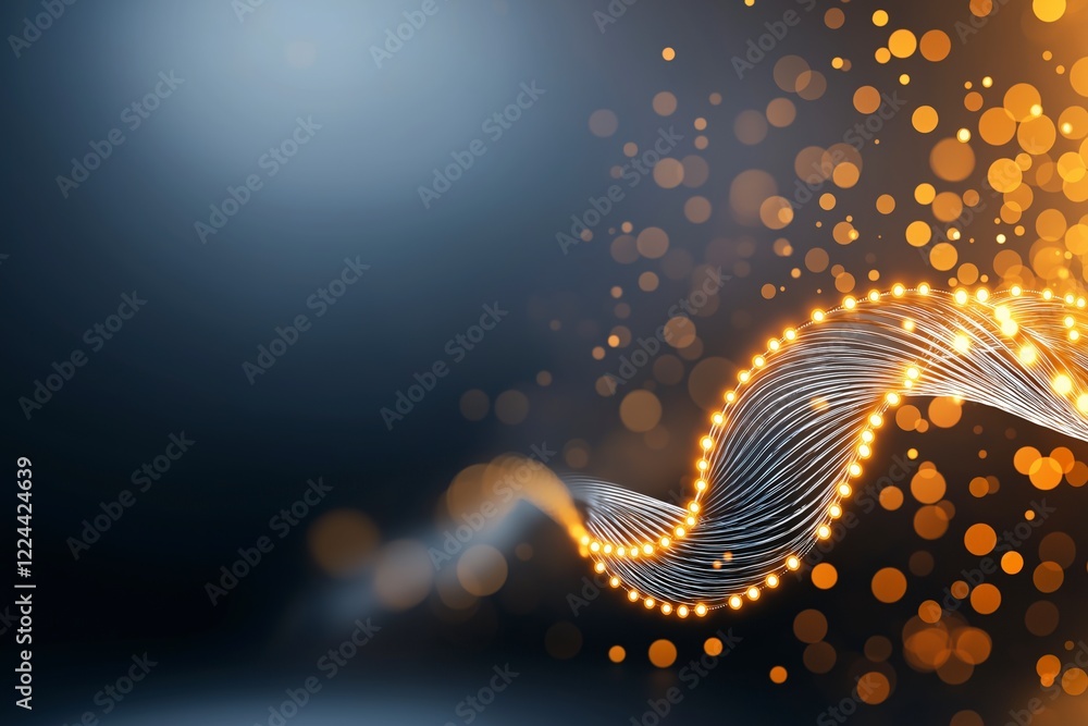 Poster abstract wave of light with glowing dots and soft bokeh effects on a dark gradient background