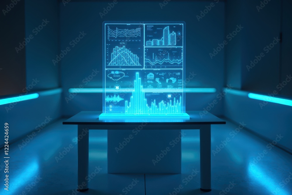 Poster futuristic ai data visualization on a table in a modern room