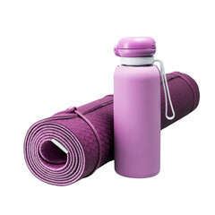 pink bottle and a yoga mat for fittness