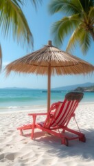 Serene Beach Scene with Wooden Lounge Chair under Thatched Umbrella Facing Turquoise Sea and Mountains
