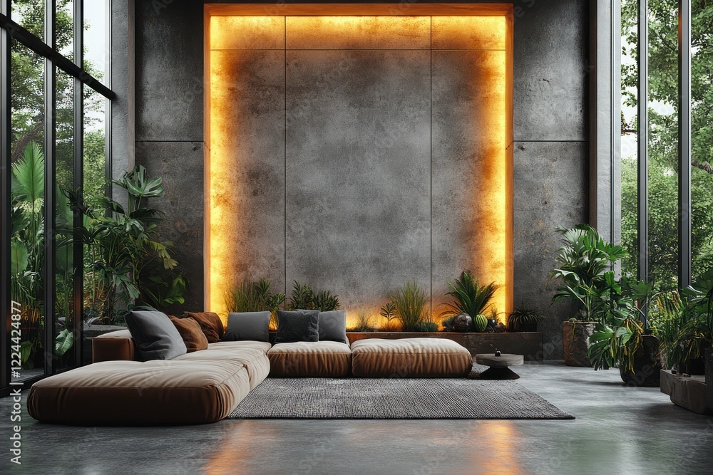 Poster minimalist interior design with blank wall frame and soft ambient lighting in modern scandinavian st