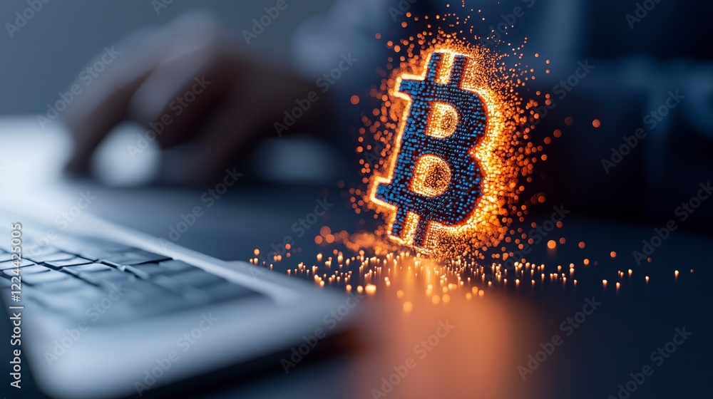 Poster digital currency symbol in bright particles hovering above a keyboard in a modern workspace focusing