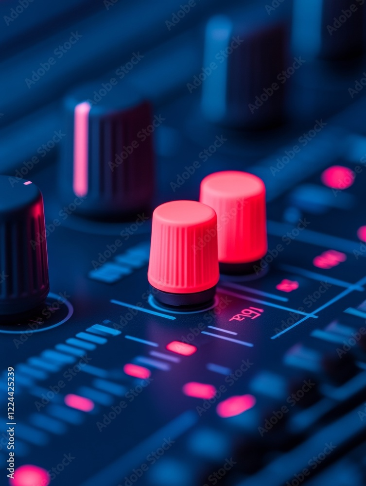 Fototapete futuristic audio engineering console neon-lit mixing desk with sliders and knobs - cutting-edge soun