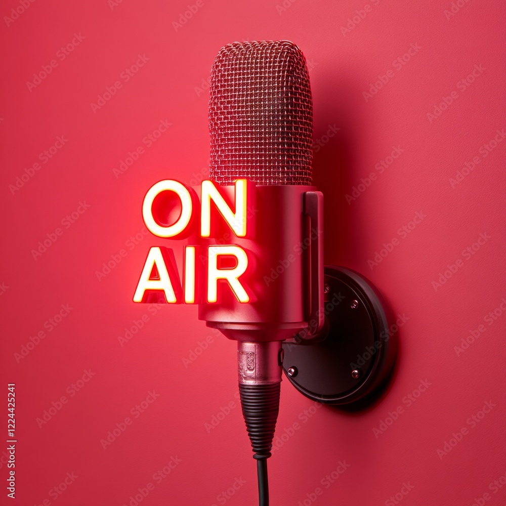 Poster vibrant retro broadcasting setup illuminated on air microphone wall installation - dynamic audio pro