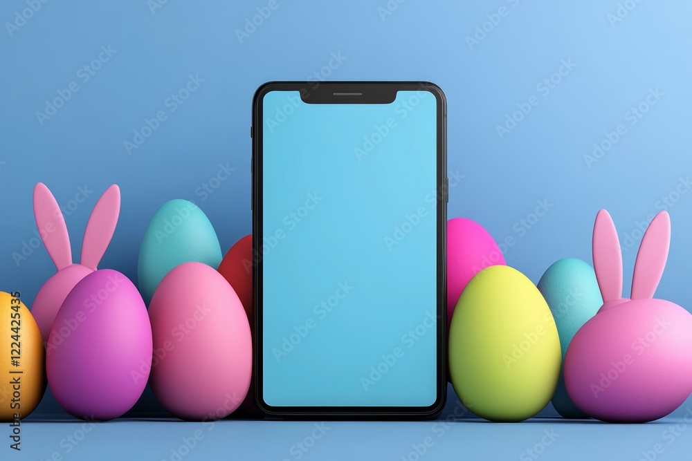 Poster tablet is placed in front of a bunch of colorful eggs. the eggs are arranged in a way that they surr