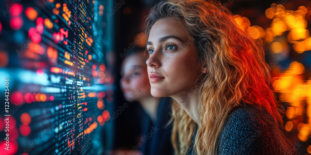 Poster marketing professional analyzing complex data on interactive digital display