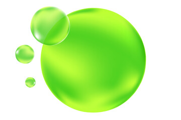 Glowing green 3D liquid bubbles or fluid jelly droplets isolated, transparent background. Aesthetic fresh composition for cosmetology, beauty science, skin care molecular concept.
