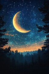 Pixelated Crescent Moon over a Serene Forest at Night