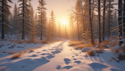 Naklejka premium Golden light filters through snowflakes as dawn breaks over the forest , snow, solstice, illumination