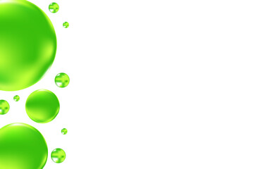 Glowing green 3D liquid bubbles or fluid jelly droplets isolated, transparent background. Aesthetic fresh composition for cosmetology, beauty science, skin care molecular concept.