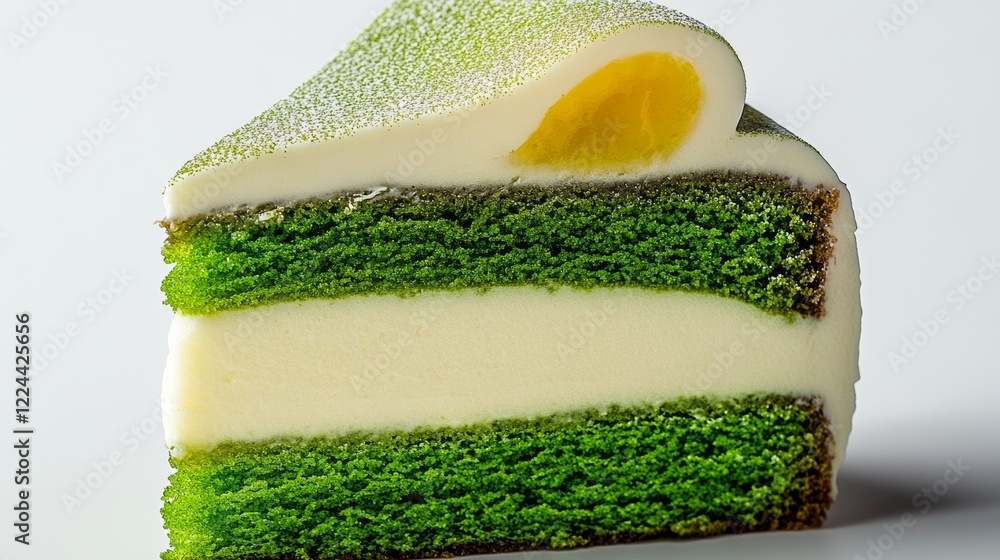Poster slice of cake with green frosting and a yellow center. the cake is cut into layers and has a unique 