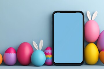 Tablet is surrounded by colorful eggs and a rabbit. The tablet is empty, and the eggs are arranged in a row. Concept of playfulness and creativity, as the eggs
