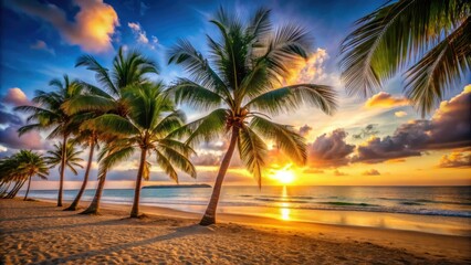 Obraz premium Golden sun sets behind palm trees, with warm sandy beach in the foreground, tranquil atmosphere, natural scenery, ocean horizon