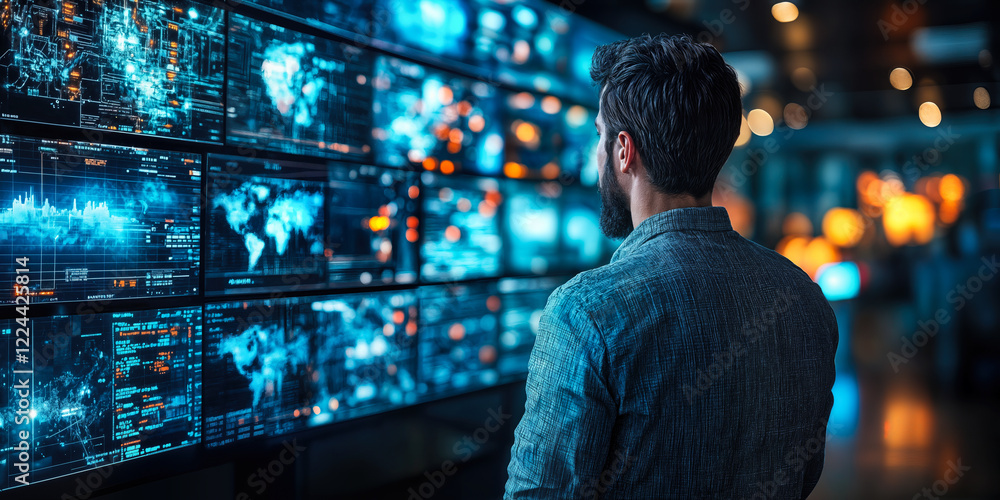 Poster man analyzing data on multiple screens in futuristic control room for technology and innovation