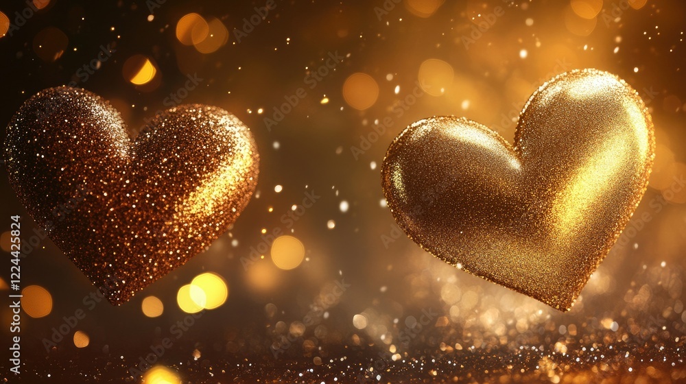Poster sparkling golden hearts on abstract warm background with bokeh