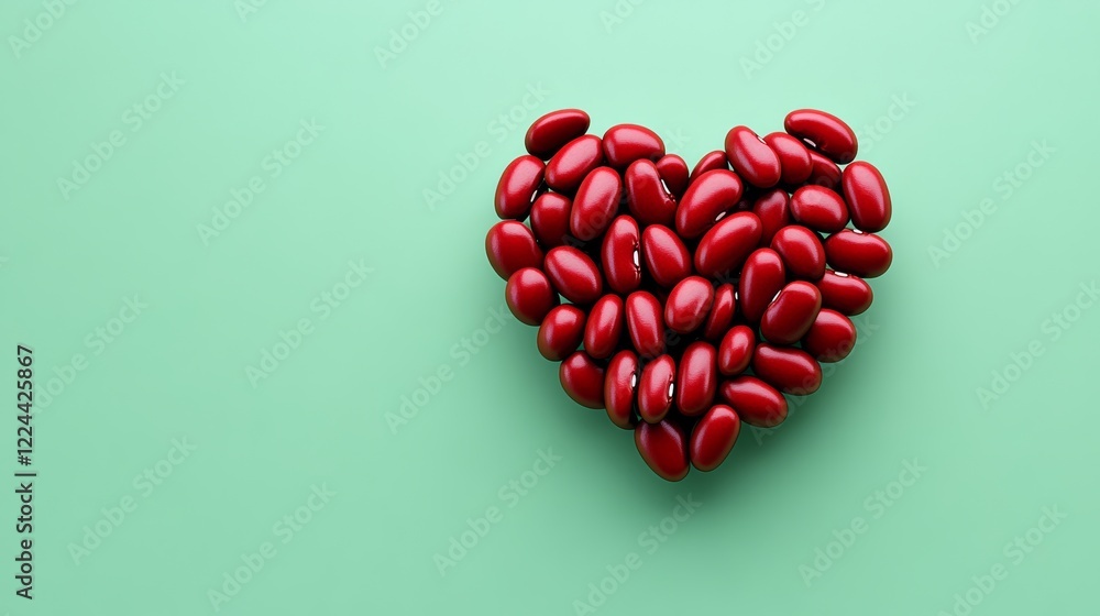 Poster heart made of red beans is placed on a green background. the beans are arranged in a way that they f
