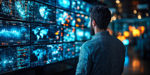 Man Analyzing Data on Multiple Screens in Futuristic Control Room for Technology and Innovation
