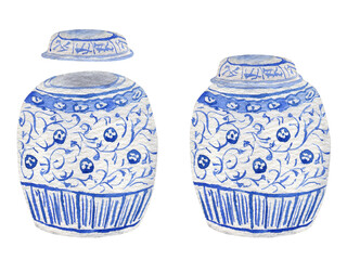 Сhinese traditional porcelain. Set of white and blue vases with lid . Watercolor hand drawn illustration on transparent.