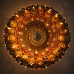 Gourds and squash arranged in a spiral pattern around a central candle, dark magic, mystical
