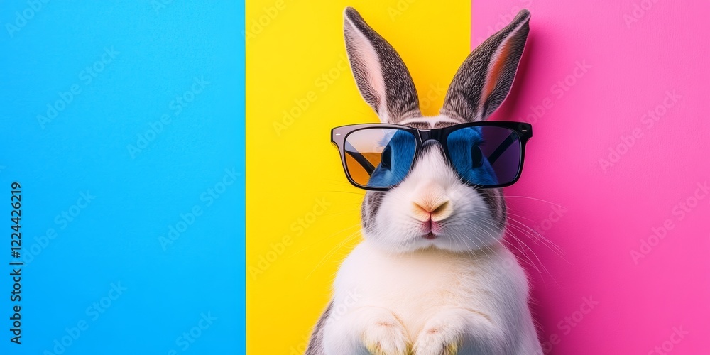 Poster rabbit wearing sunglasses and standing in front of a colorful background. the rabbit's sunglasses gi