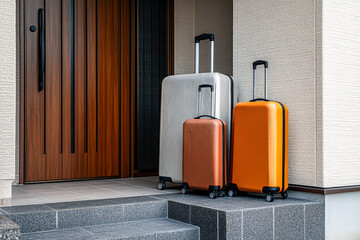 Suitcases standing in front of a house entrance, symbolizing upcoming travel and adventure
