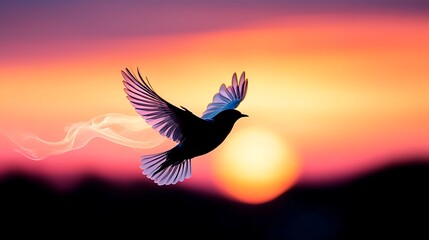 Fototapeta premium Silhouette Of A Bird In Flight At Sunset, Digital Art