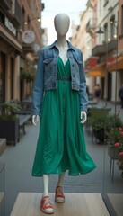 Fototapeta premium Green dress with denim jacket on mannequin in city street