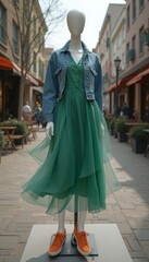 Naklejka premium Green dress with denim jacket on mannequin in city street