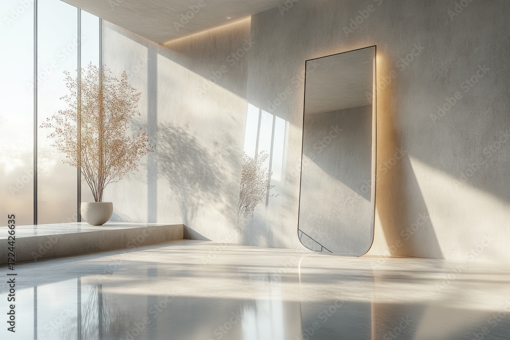 Poster modern minimalistic interior with large mirror and ambient lighting