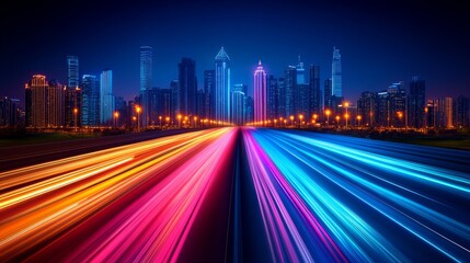 Fototapeta premium City skyline is lit up with neon lights, creating a vibrant and energetic atmosphere. The colorful streaks of light on the road give the impression of movement and excitement