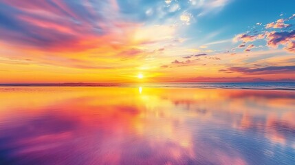 Vibrant sunset over a tranquil ocean reflecting colorful clouds and serene waves, creating a peaceful atmosphere