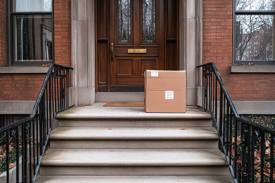 Home delivery package left at front door of a brownstone building