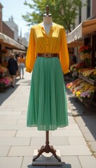 Fototapeta premium Yellow blouse with mint green pleated skirt on mannequin in city street