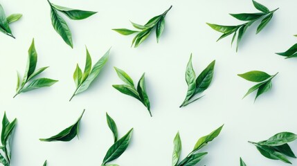 Green tea leaves arranged on a light background creating a fresh and natural pattern