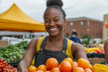 Obraz premium Vibrant Community Market Scene Young Black Woman in Denim Smiling with Fresh Produce Diverse Retail and Marketing Content for Organic Food Promotion
