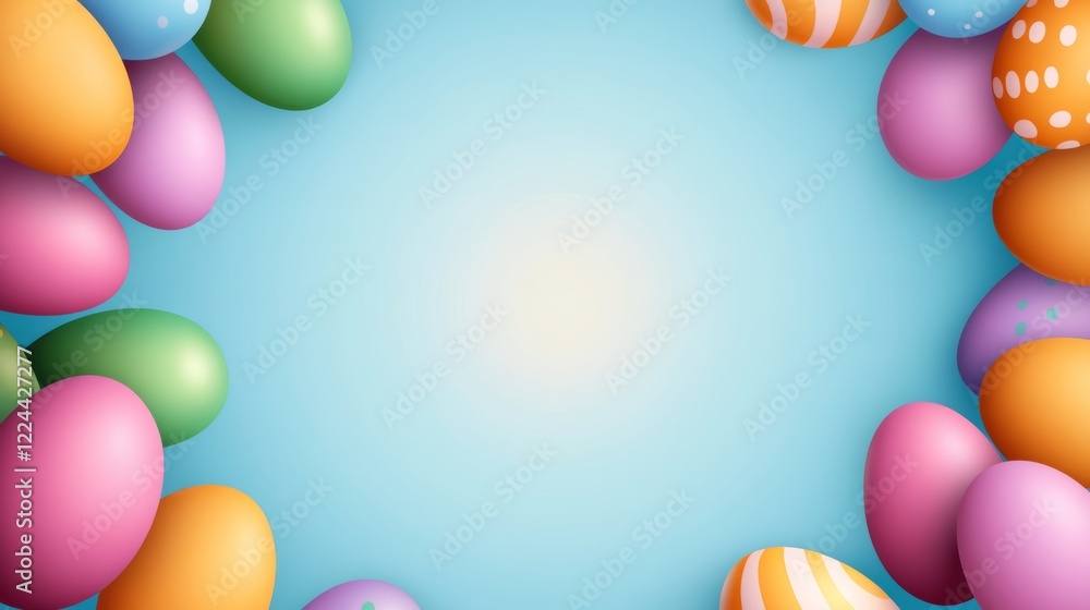 Poster colorful egg pattern with a blue background. the eggs are in various colors and sizes, and they are 