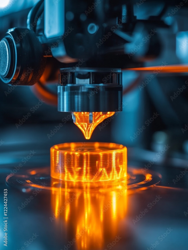 Poster moody tech display sla printer with glowing resin - precision in customized manufacturing for modern