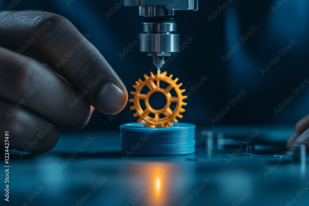 Poster innovative tech hub aesthetics close-up of indian man adjusting blue pla filament on fdm printer for