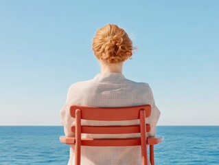 Fototapeta premium Scenic Coastal Solitude Young Woman in Chic Linen Overlooking Ocean on Coral Chair - Contemporary Travel Imagery and Lifestyle Branding for Leisure and Wellness Industry
