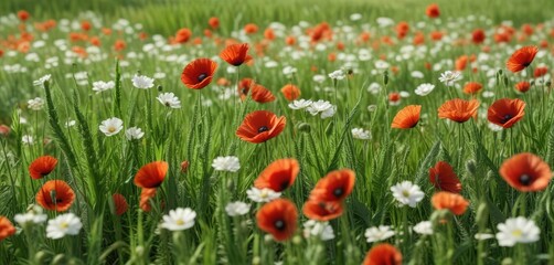 Fototapeta premium Green wheat stalks with delicate white flowers and vibrant poppies blooming in a sunny meadow, poppy fields, countryside scenery