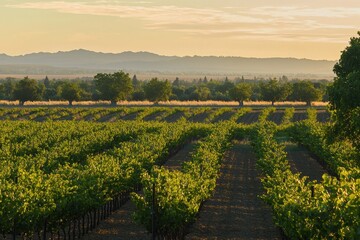 Naklejka premium Blooming Orchard Rows of fruit trees in full bloom, stretching into the horizon with a golden sunset