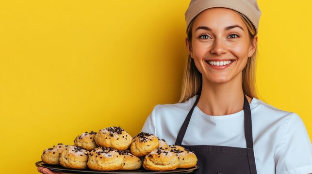 Woman is smiling and holding a tray of pastries. The pastries are chocolate chip cookies and they are arranged in a neat row - Powered by Adobe