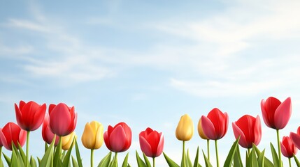 Row of red and yellow tulips in a field
