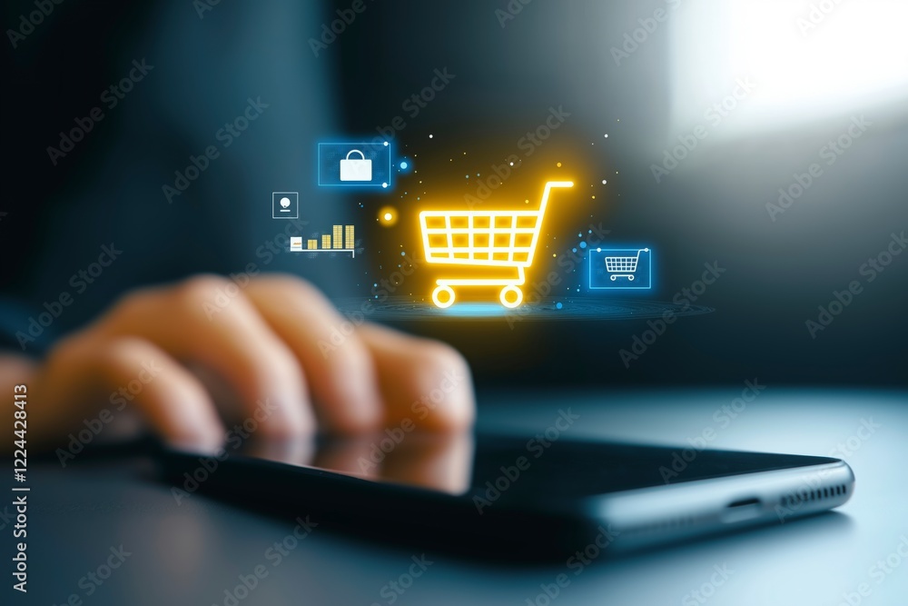 Aufkleber digital shopping concept with smartphone and e-commerce cart and security icon in modern workspace e