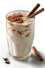 Ultra realistic horchata served with decorative cinnamon on a white background in stunning clarity